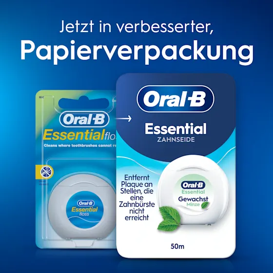 Oral-B Essential Zahnseide Verpackung, die den Hinweis "Entfernt Plaque an Stellen, die eine Zahnbürste nicht erreicht" hervorhebt.