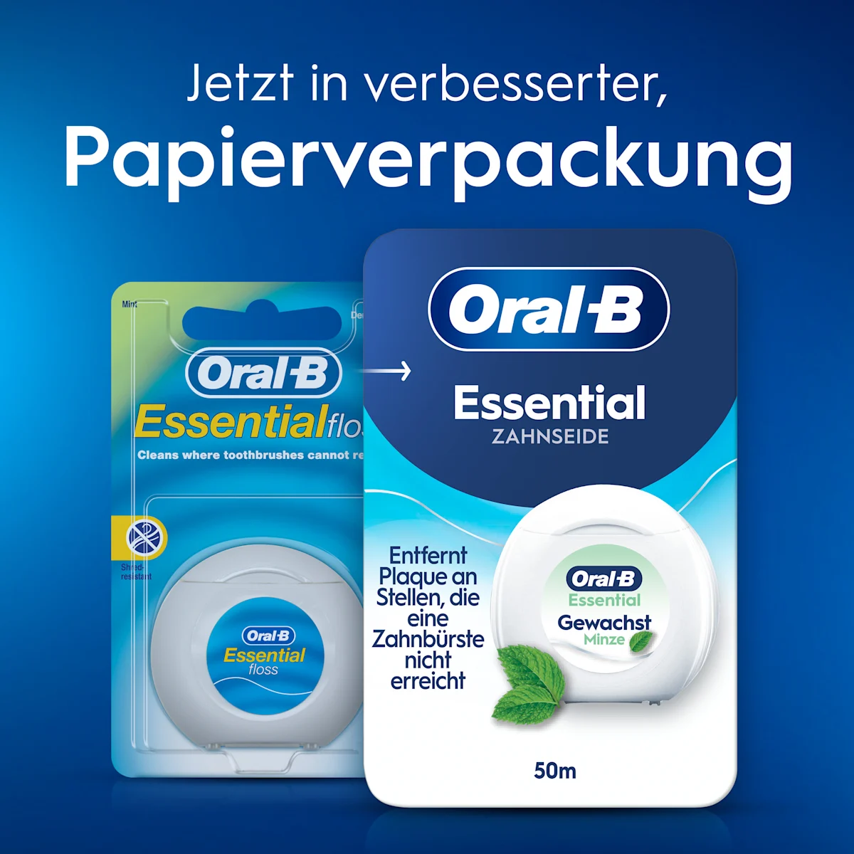 Oral-B Essential Zahnseide Verpackung, die den Hinweis "Entfernt Plaque an Stellen, die eine Zahnbürste nicht erreicht" hervorhebt.