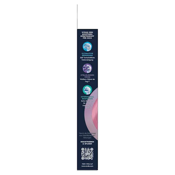 Oral-B iO Aufsteckbürsten-Verpackung, hervorgehoben wird die "Sanfte Reinigung" und dass zwei Bürsten enthalten sind.