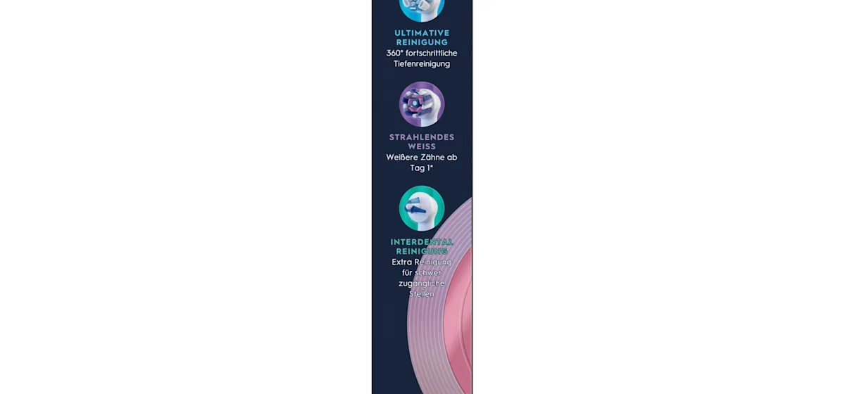 Oral-B iO Aufsteckbürsten-Verpackung, hervorgehoben wird die "Sanfte Reinigung" und dass zwei Bürsten enthalten sind.