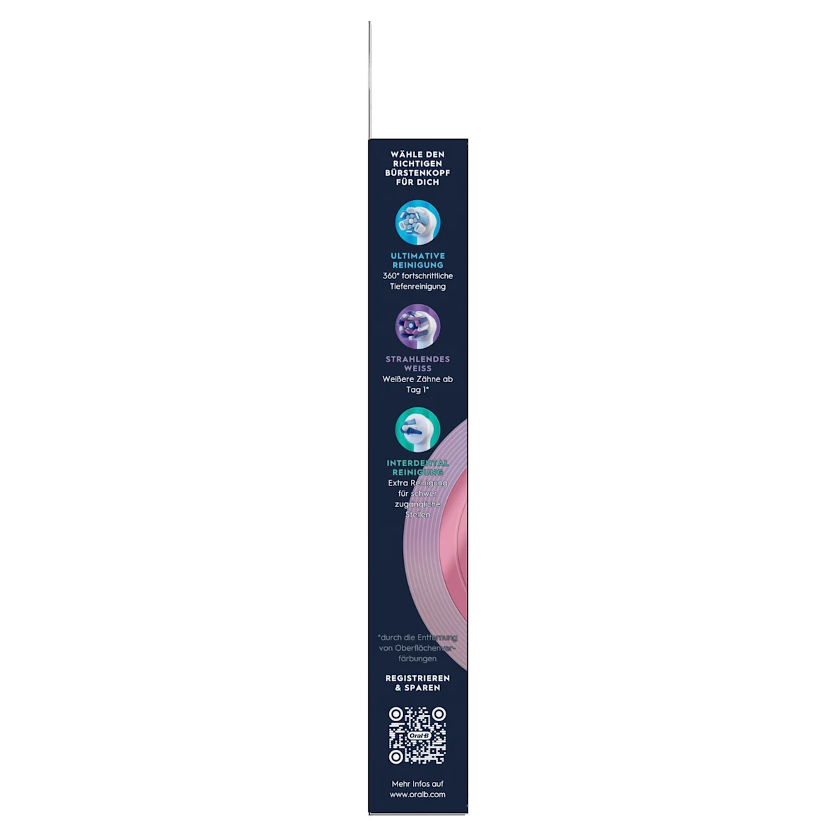 Oral-B iO Aufsteckbürsten-Verpackung, hervorgehoben wird die "Sanfte Reinigung" und dass zwei Bürsten enthalten sind.