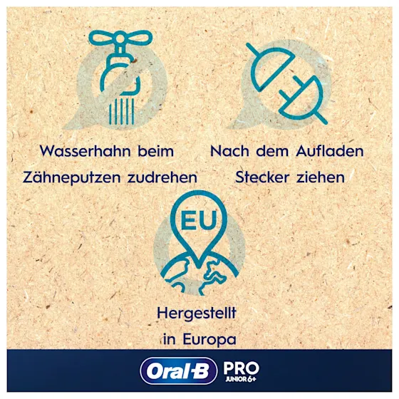 Oral-B PRO Junior 6+ elektrische ZahnbÃ¼rste mit Verpackung, die 3D Reinigung hervorhebt.