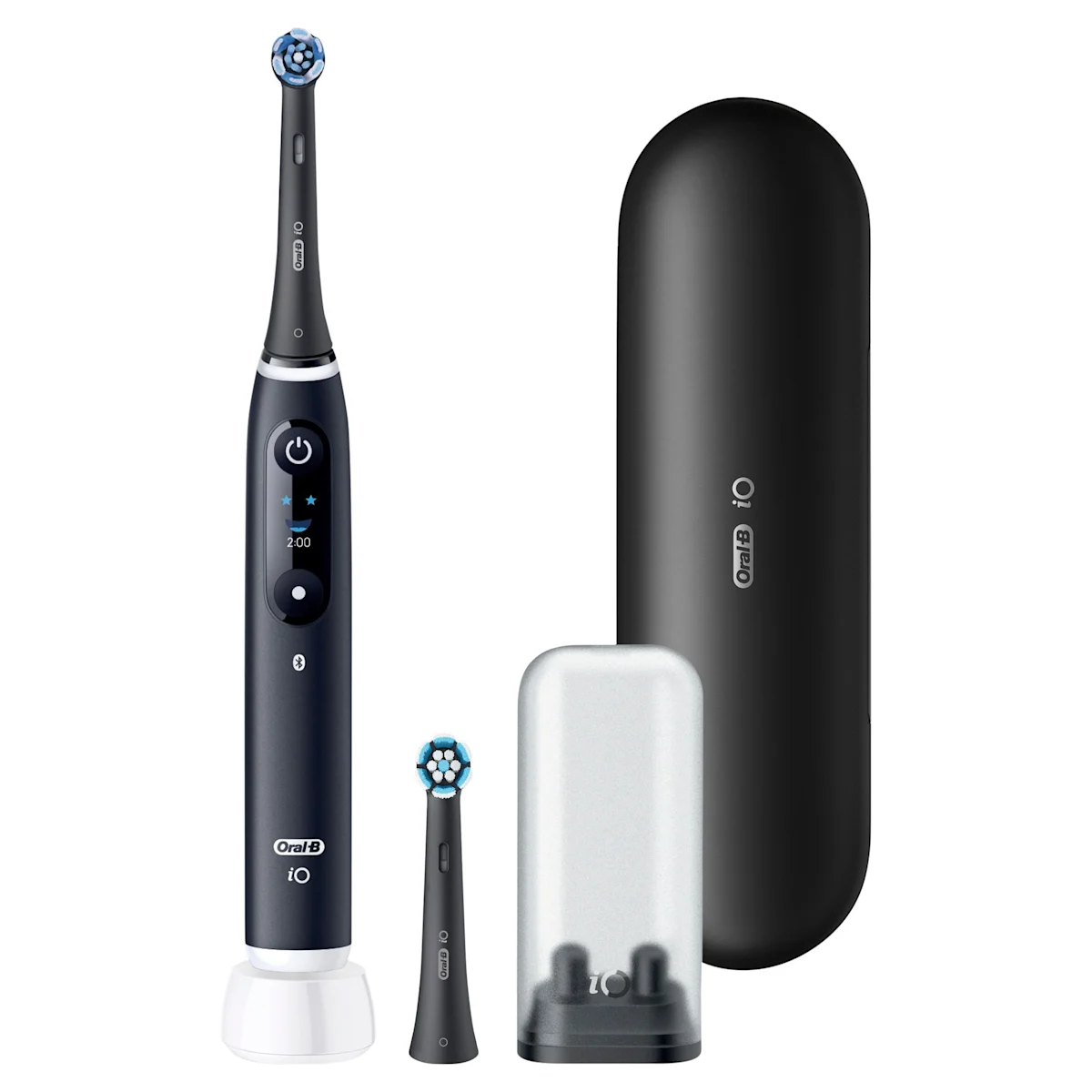 Oral-B iO6 elektrische Zahnbürste mit Verpackung, die geführte Reinigung mit der App hervorhebt, damit keine Stelle ausgelassen wird. Mit Made in Germany Anhänger.