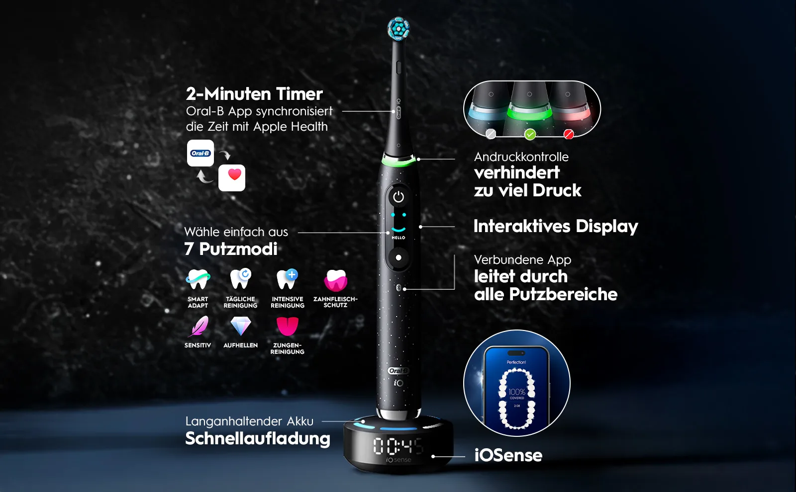 Oral-B elektrische Zahnbürste mit 7 Modi, Timer, Druckkontrolle und App-Anbindung auf Ladestation 