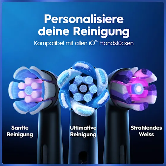 Oral-B iO5 Zahnbürste in Schwarz, zusammen mit Verpackung, Reiseetui und Ladefunktion; mit dem Hinweis Made in Germany.