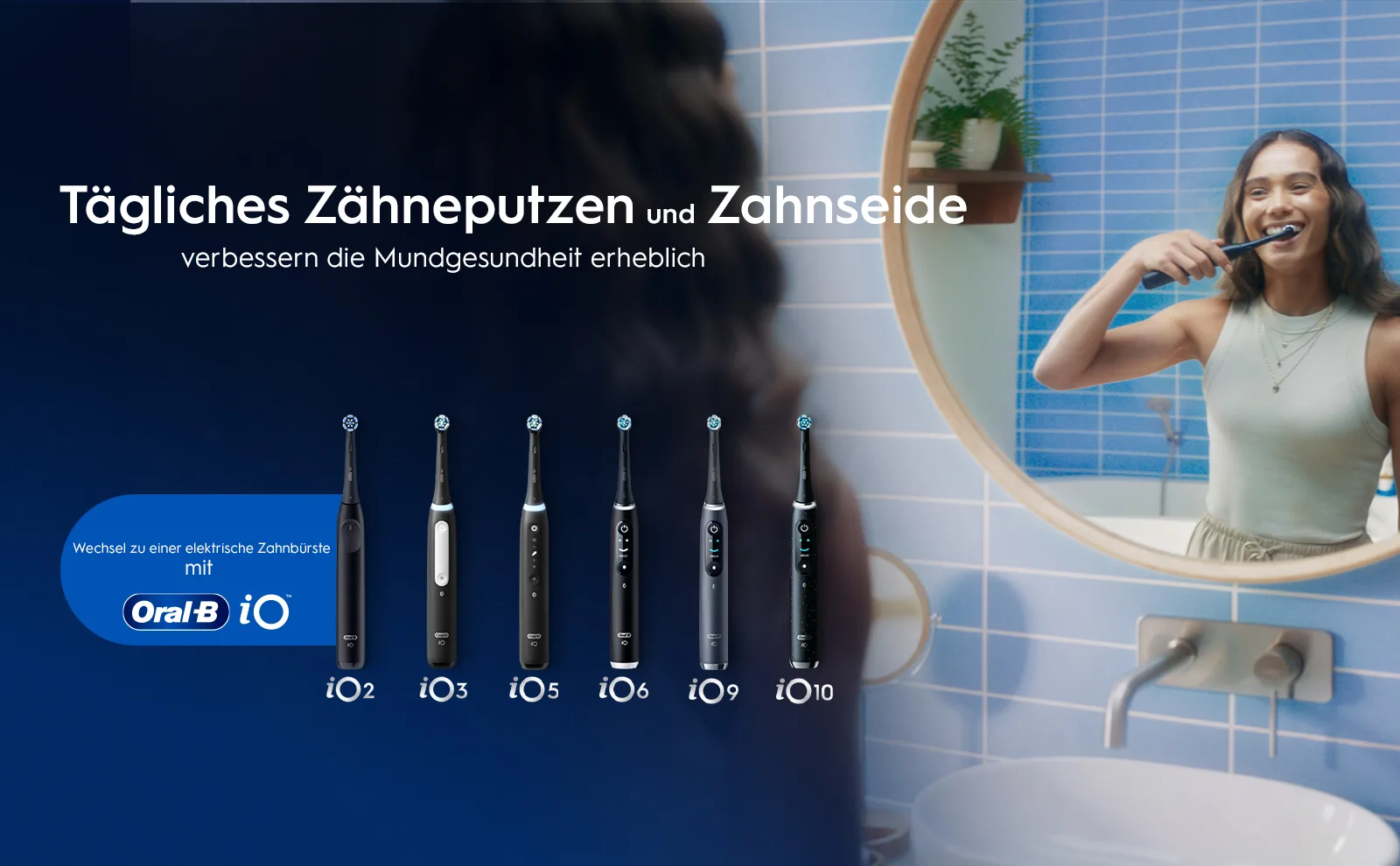 Links ein Bild einer Handzahnbürste im Vergleich zur elektrischen Zahnbürste, die mehr Plaque entfernt. Sowie Zahnseide dazwischen 