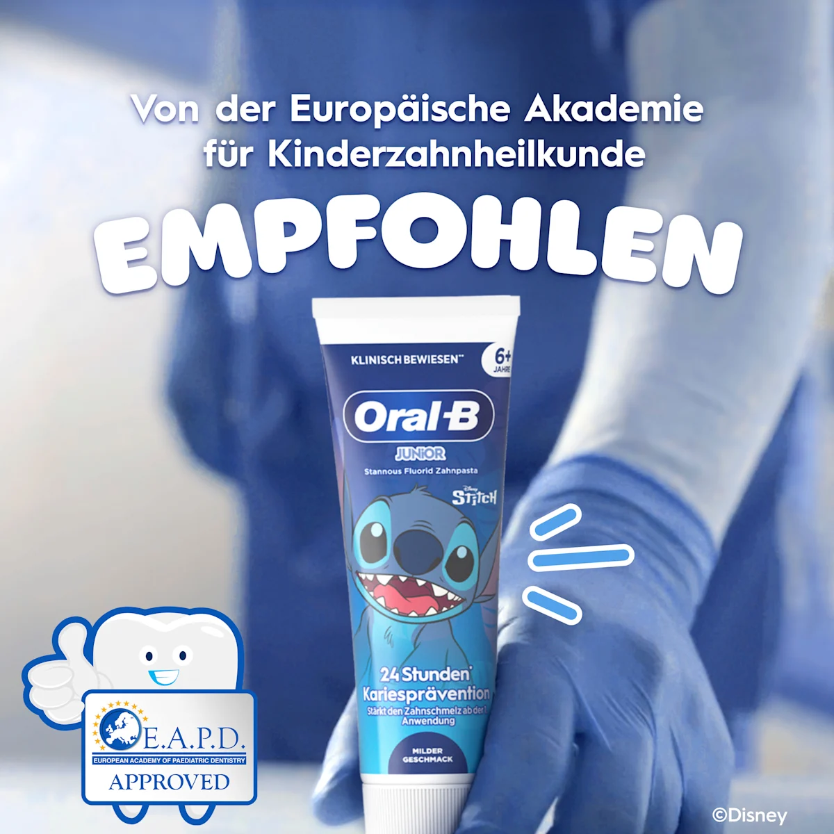 Oral-B Junior Stannous Fluorid Zahnpasta mit Disney Stitch, bietet 24 Stunden Kariesprävention und stärkt den Zahnschmelz.