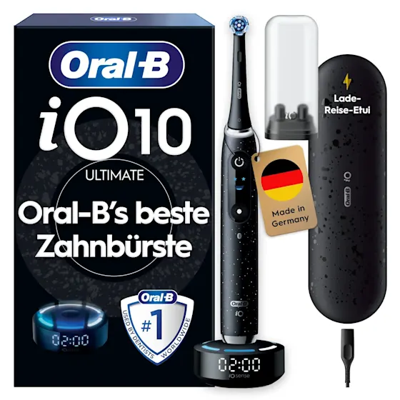 Oral-B iO 10 Ultimate Zahnbürste, mit Verpackung und Zubehör, hervorgehoben als Oral-B's beste Zahnbürste.