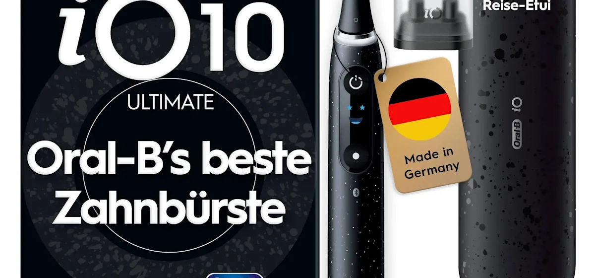 Oral-B iO 10 Ultimate Zahnbürste, mit Verpackung und Zubehör, hervorgehoben als Oral-B's beste Zahnbürste.