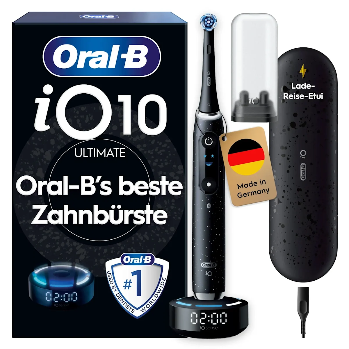 Oral-B iO 10 Ultimate Zahnbürste, mit Verpackung und Zubehör, hervorgehoben als Oral-B's beste Zahnbürste.