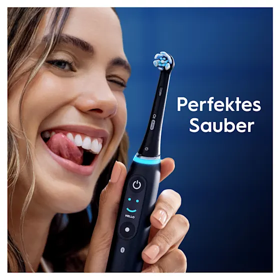 Oral-B iO Aufsteckbürsten-Verpackung, hervorgehoben wird die "Sanfte Reinigung" und dass zwei Bürsten enthalten sind.