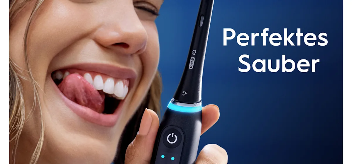 Oral-B iO Aufsteckbürsten-Verpackung, hervorgehoben wird die "Sanfte Reinigung" und dass zwei Bürsten enthalten sind.