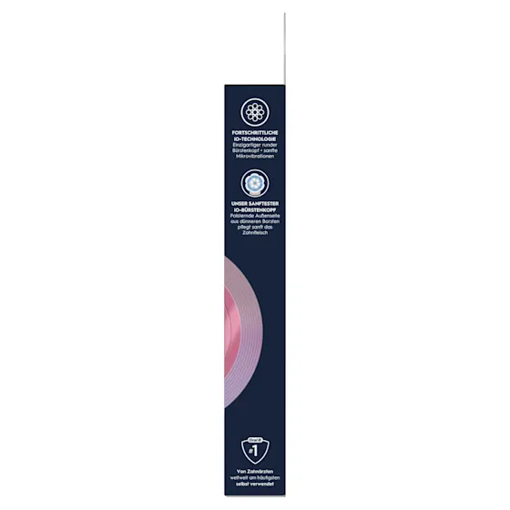 Oral-B iO Aufsteckbürsten-Verpackung, hervorgehoben wird die "Sanfte Reinigung" und dass zwei Bürsten enthalten sind.