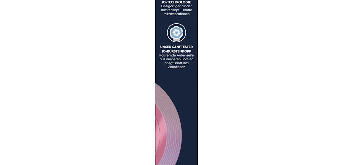 Oral-B iO Aufsteckbürsten-Verpackung, hervorgehoben wird die "Sanfte Reinigung" und dass zwei Bürsten enthalten sind.