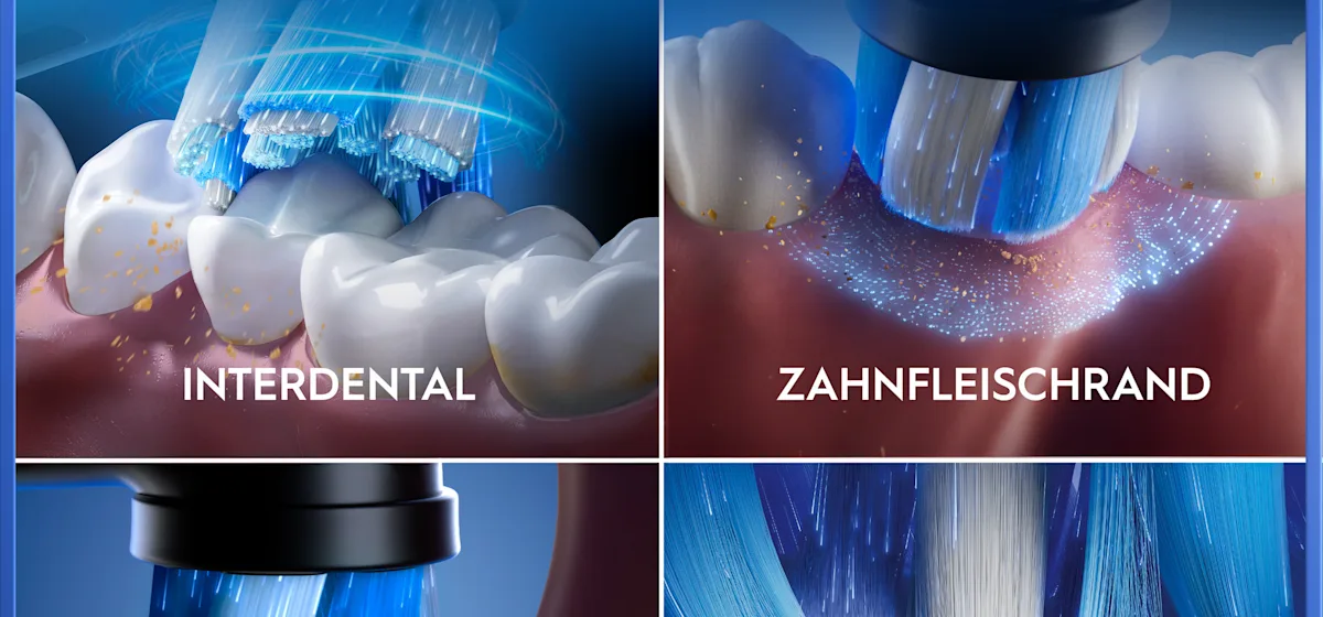 Oral-B iO5 Zahnbürste in Schwarz, zusammen mit Verpackung, Reiseetui und Ladefunktion; mit dem Hinweis Made in Germany.