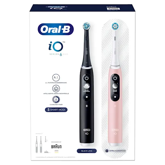 Oral-B iO 6 Zahnbürsten-Duo mit interaktivem Display für angeleitetes Putzen und dem Hinweis "Made in Germany".