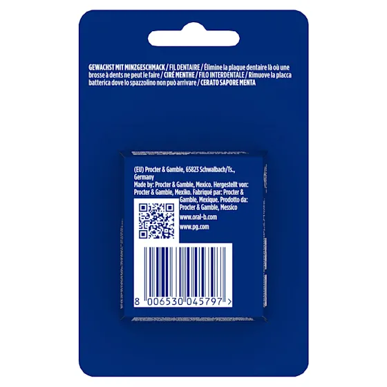 Oral-B Essential Zahnseide Verpackung, die den Hinweis "Entfernt Plaque an Stellen, die eine Zahnbürste nicht erreicht" hervorhebt.