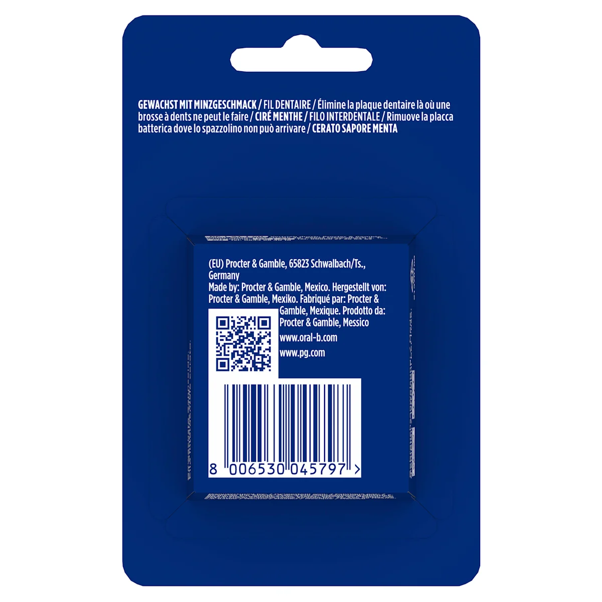 Oral-B Essential Zahnseide Verpackung, die den Hinweis "Entfernt Plaque an Stellen, die eine Zahnbürste nicht erreicht" hervorhebt.