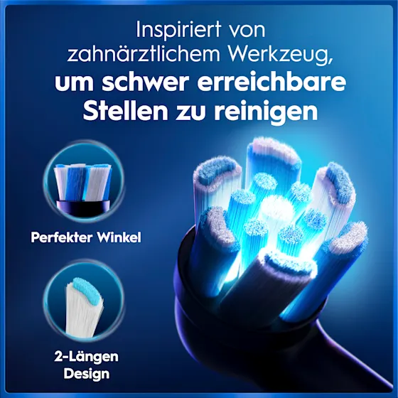 Oral-B iO5 Zahnbürste in Schwarz, zusammen mit Verpackung, Reiseetui und Ladefunktion; mit dem Hinweis Made in Germany.