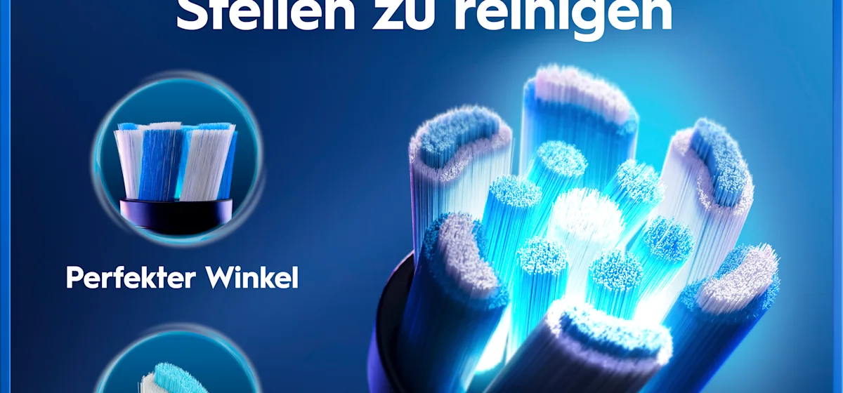 Oral-B iO5 Zahnbürste in Schwarz, zusammen mit Verpackung, Reiseetui und Ladefunktion; mit dem Hinweis Made in Germany.
