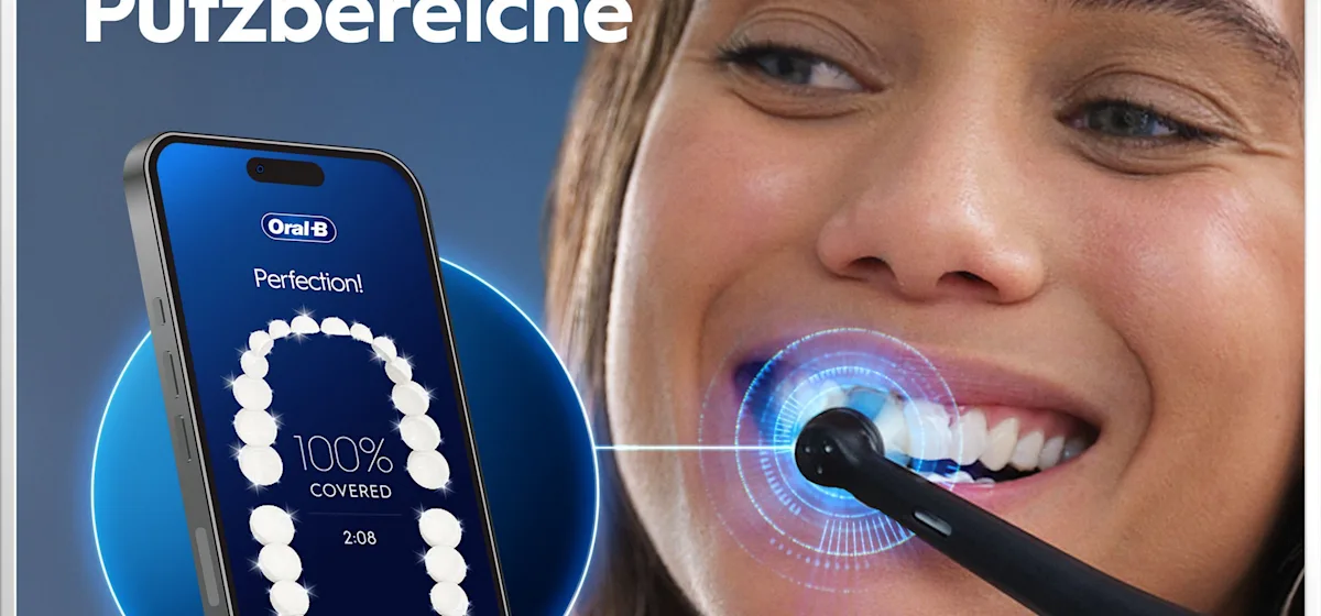 Oral-B iO6 elektrische Zahnbürste mit Verpackung, die geführte Reinigung mit der App hervorhebt, damit keine Stelle ausgelassen wird. Mit Made in Germany Anhänger.