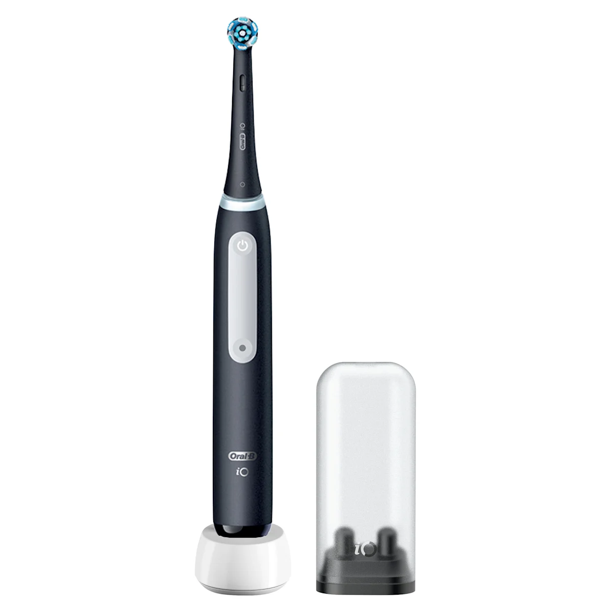 Oral-B iO3 elektrische Zahnbürste mit Verpackung, die die 360° visuelle Andruckkontrolle zur Schonung des Zahnfleisches hervorhebt. Mit Made in Germany Anhänger.