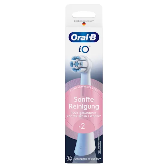 Oral-B iO Aufsteckbürsten-Verpackung, hervorgehoben wird die "Sanfte Reinigung" und dass zwei Bürsten enthalten sind.