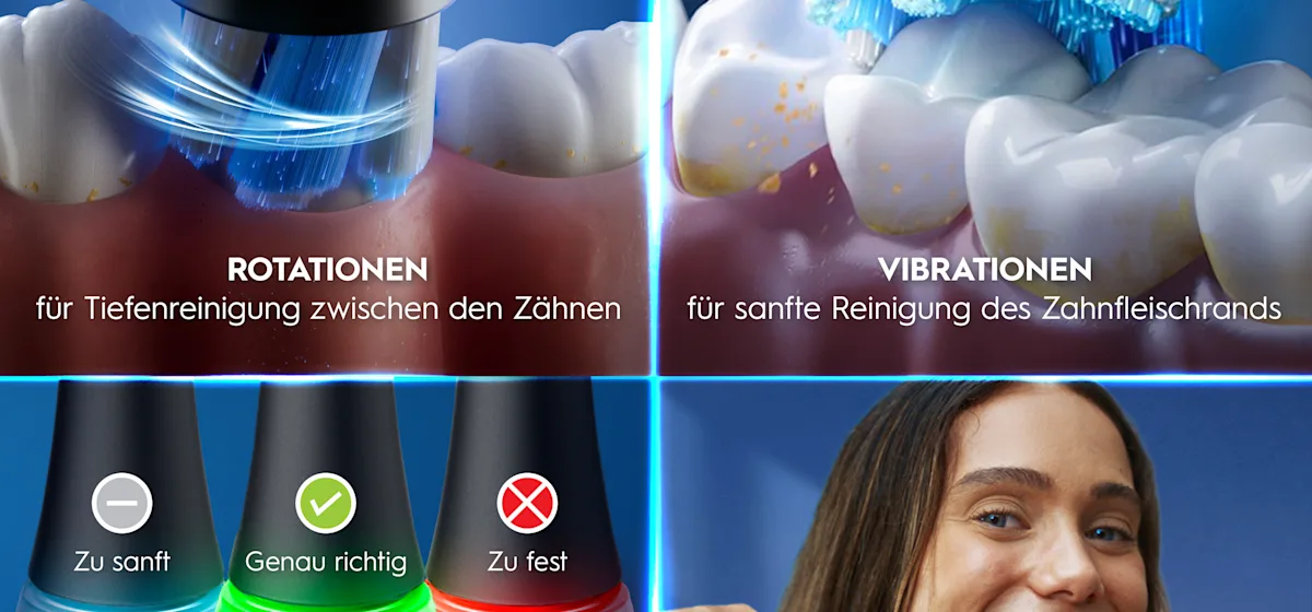 Oral-B iO3 Doppelpack mit 360° visueller Andruckkontrolle zum Zahnfleischschutz.