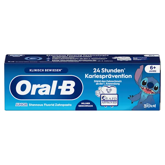 Oral-B Junior Stannous Fluorid Zahnpasta mit Disney Stitch, bietet 24 Stunden Kariesprävention und stärkt den Zahnschmelz.