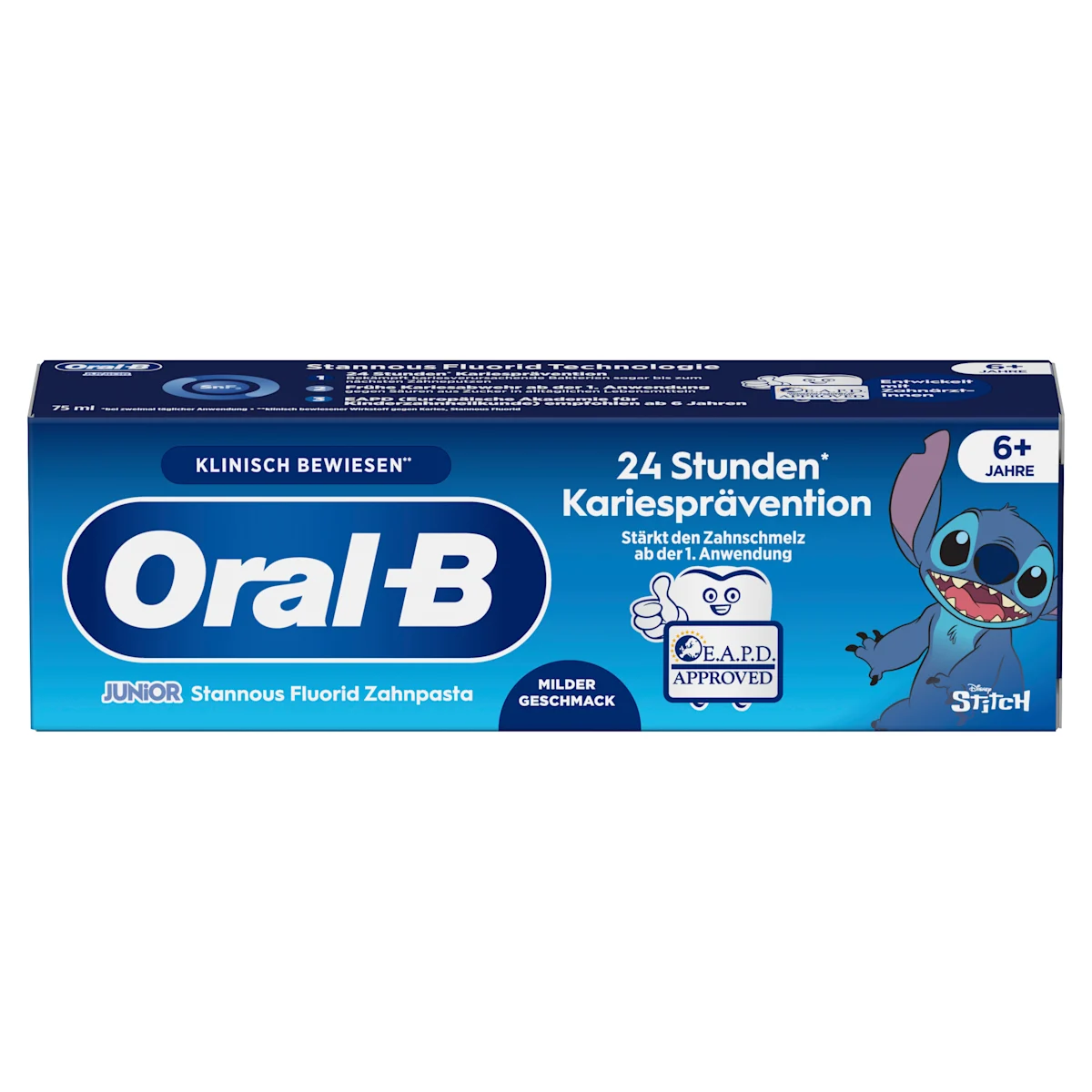 Oral-B Junior Stannous Fluorid Zahnpasta mit Disney Stitch, bietet 24 Stunden Kariesprävention und stärkt den Zahnschmelz.