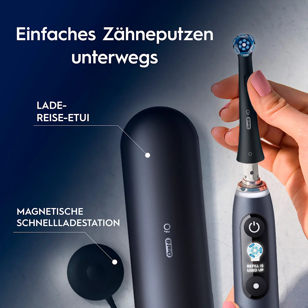 Oral-B iO9 Zahnbürste mit Verpackung, Reise-Etui mit Schnellladestation und „Made in Germany“ Anhänger.