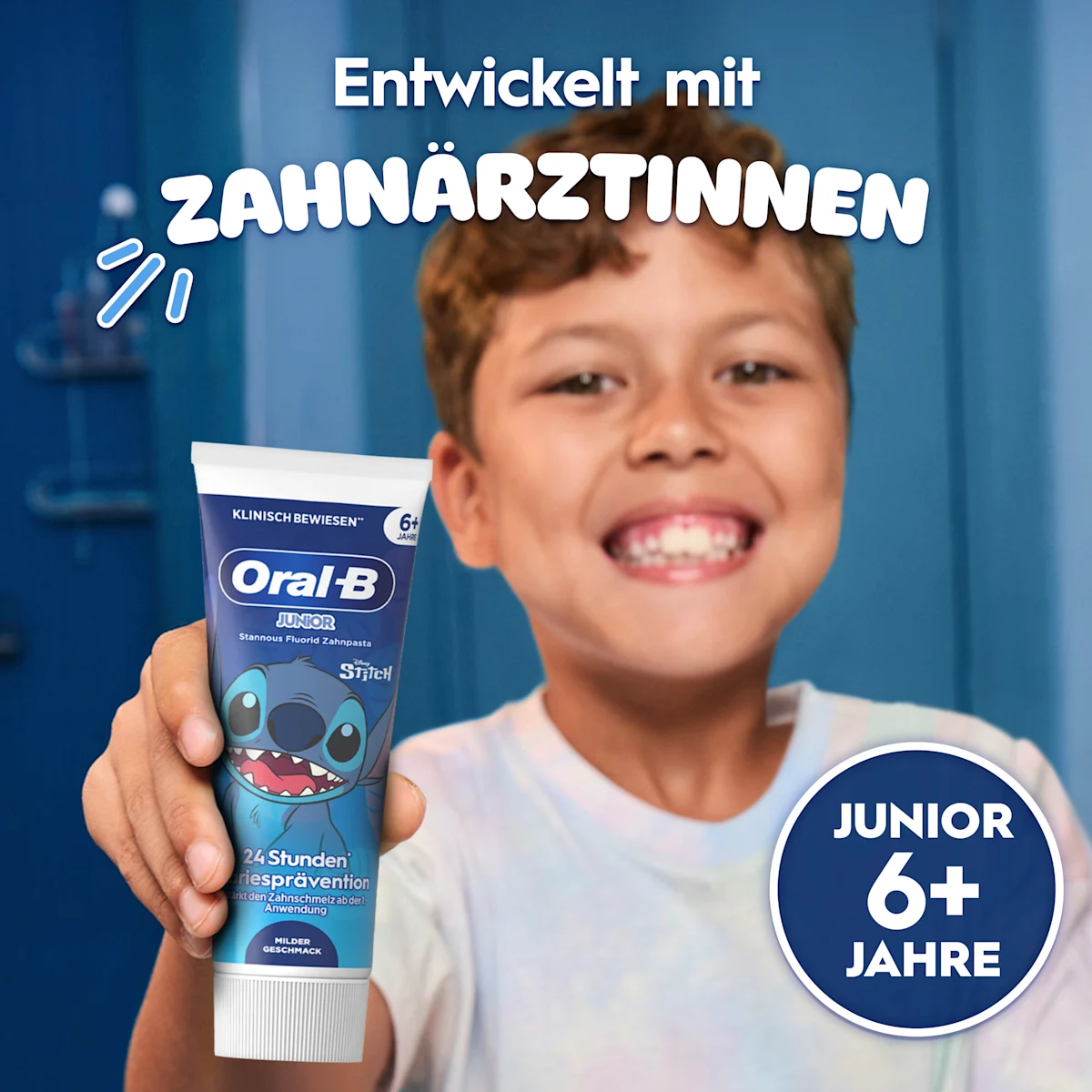 Oral-B Junior Stannous Fluorid Zahnpasta mit Disney Stitch, bietet 24 Stunden Kariesprävention und stärkt den Zahnschmelz.
