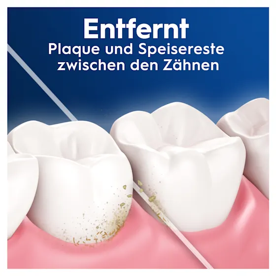 Oral-B Pro-Expert Advanced Zahnseide, Verpackung mit dem Hinweis "Entfernt Plaque-Bakterien" und "Tiefen-Reinigung Frische Minze".