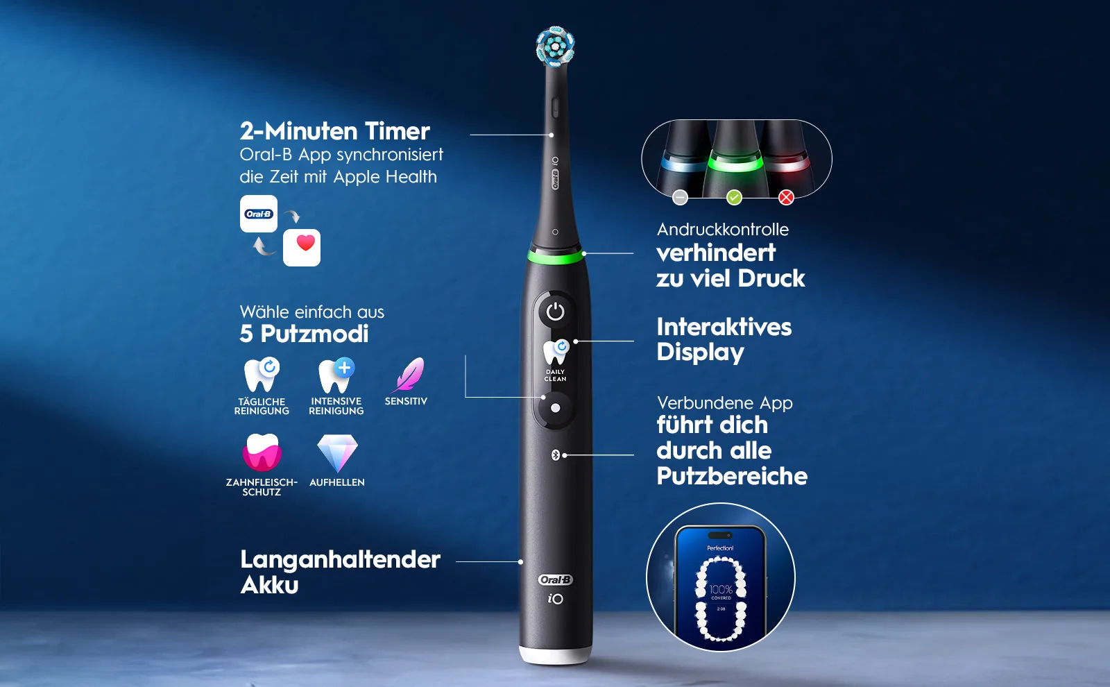 Elektrische Zahnbürste mit Timer, Druckkontrolle, App-Anbindung und verschiedenen Putzmodi 
