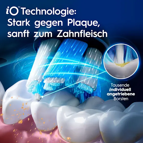 Oral-B iO9 Zahnbürste mit Verpackung, Reise-Etui mit Schnellladestation und „Made in Germany“ Anhänger.