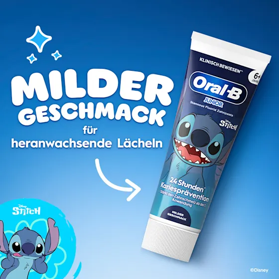 Oral-B Junior Stannous Fluorid Zahnpasta mit Disney Stitch, bietet 24 Stunden Kariesprävention und stärkt den Zahnschmelz.