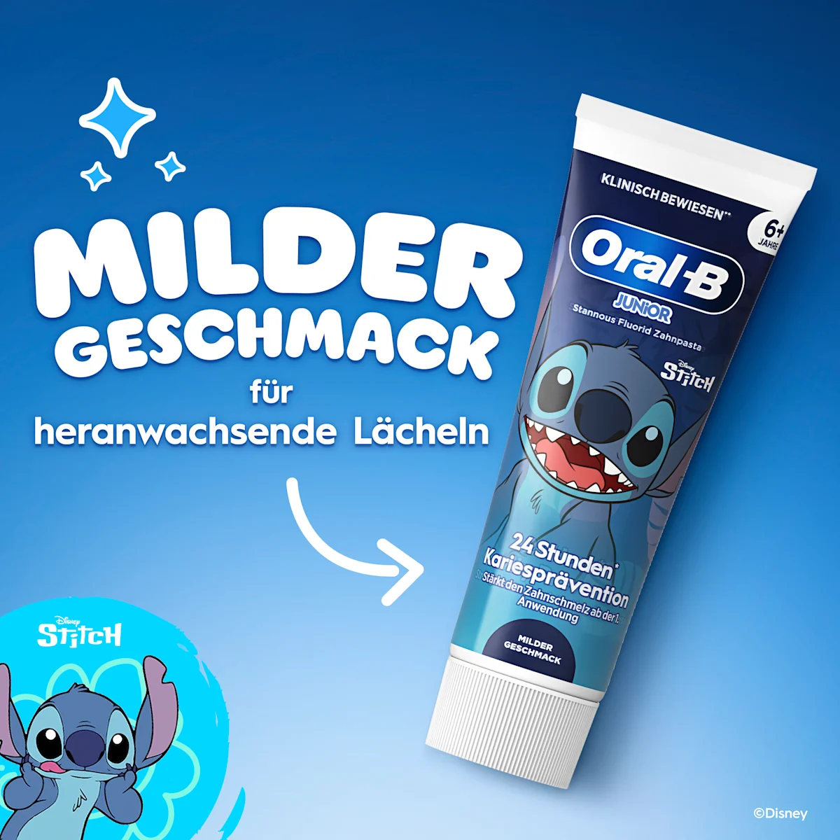 Oral-B Junior Stannous Fluorid Zahnpasta mit Disney Stitch, bietet 24 Stunden Kariesprävention und stärkt den Zahnschmelz.