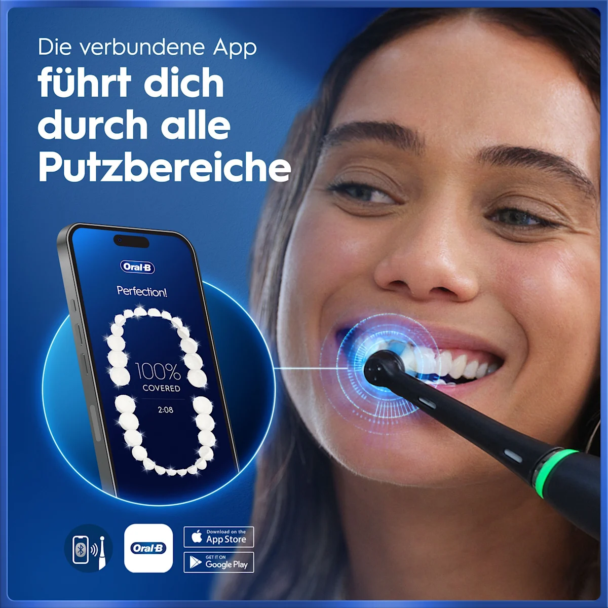 Oral-B iO5 Zahnbürste e mit Verpackung, die 5 Putzmodi für eine personalisierte Reinigung hervorhebt.