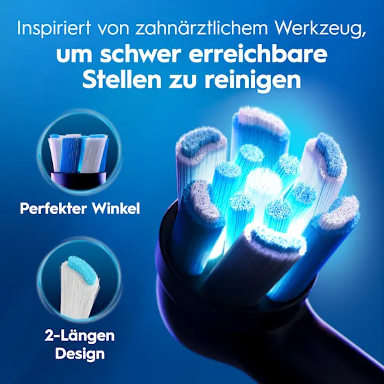 Oral-B iO3 Verpackung mit dem Hinweis auf 360° visuelle Andruckkontrolle und der Auszeichnung Testsieger von Stiftung Warentest.