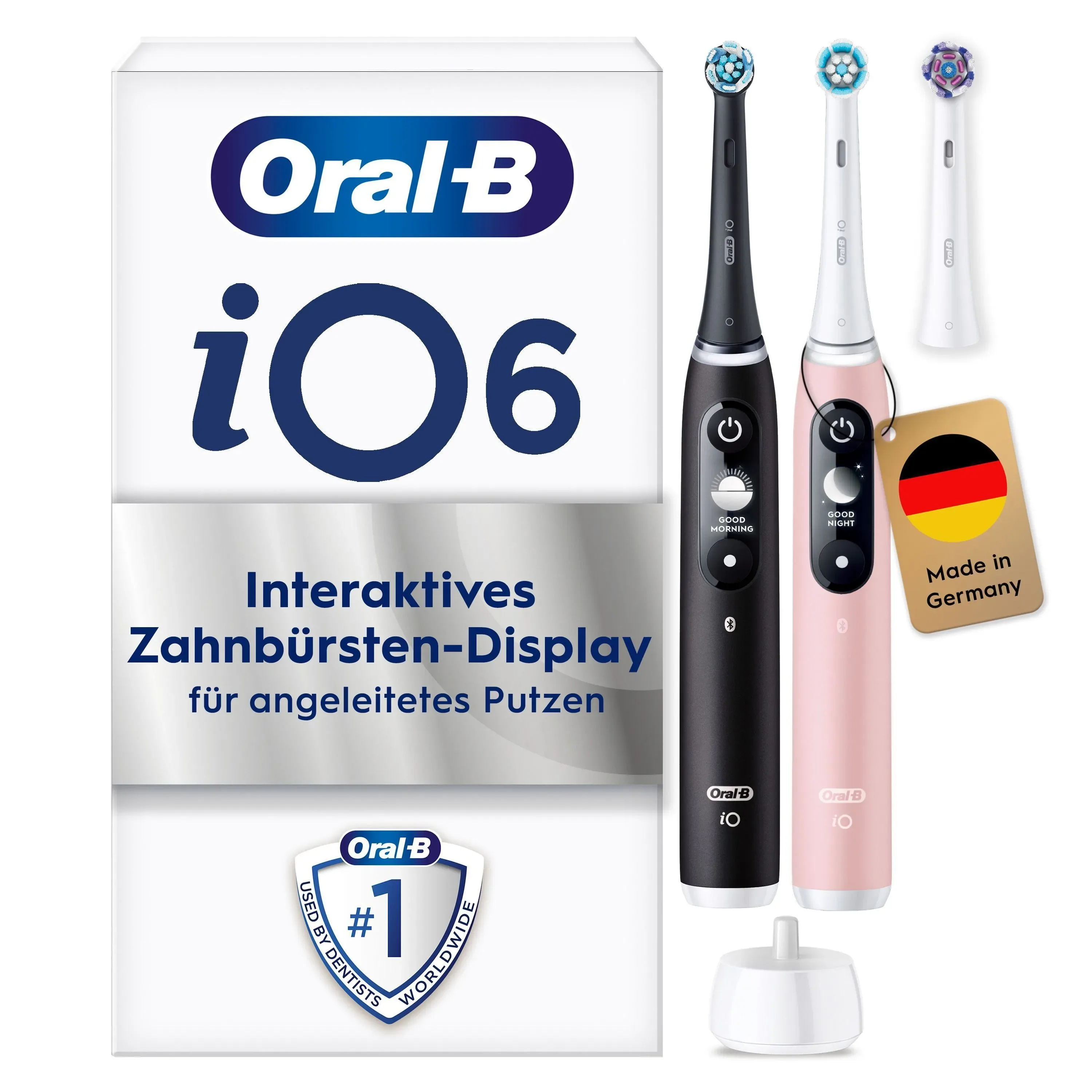 Oral-B iO 6 Zahnbürsten-Duo mit interaktivem Display für angeleitetes Putzen und dem Hinweis "Made in Germany".