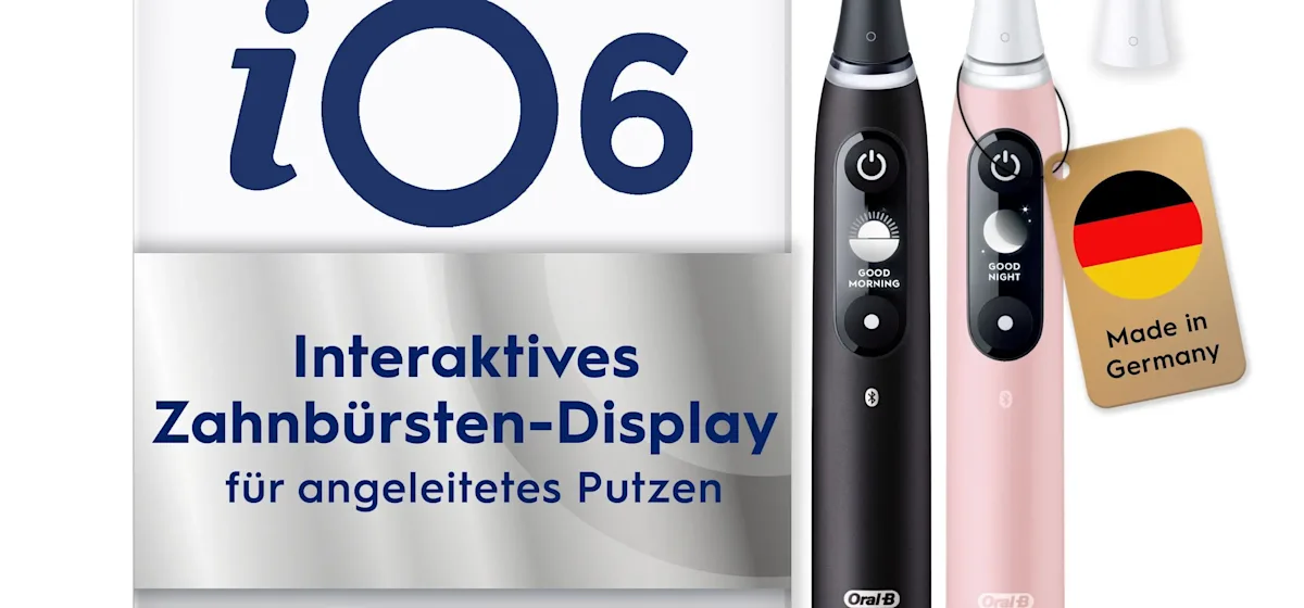 Oral-B iO 6 Zahnbürsten-Duo mit interaktivem Display für angeleitetes Putzen und dem Hinweis "Made in Germany".