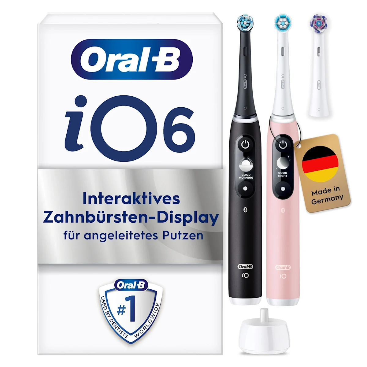 Oral-B iO 6 Zahnbürsten-Duo mit interaktivem Display für angeleitetes Putzen und dem Hinweis "Made in Germany".