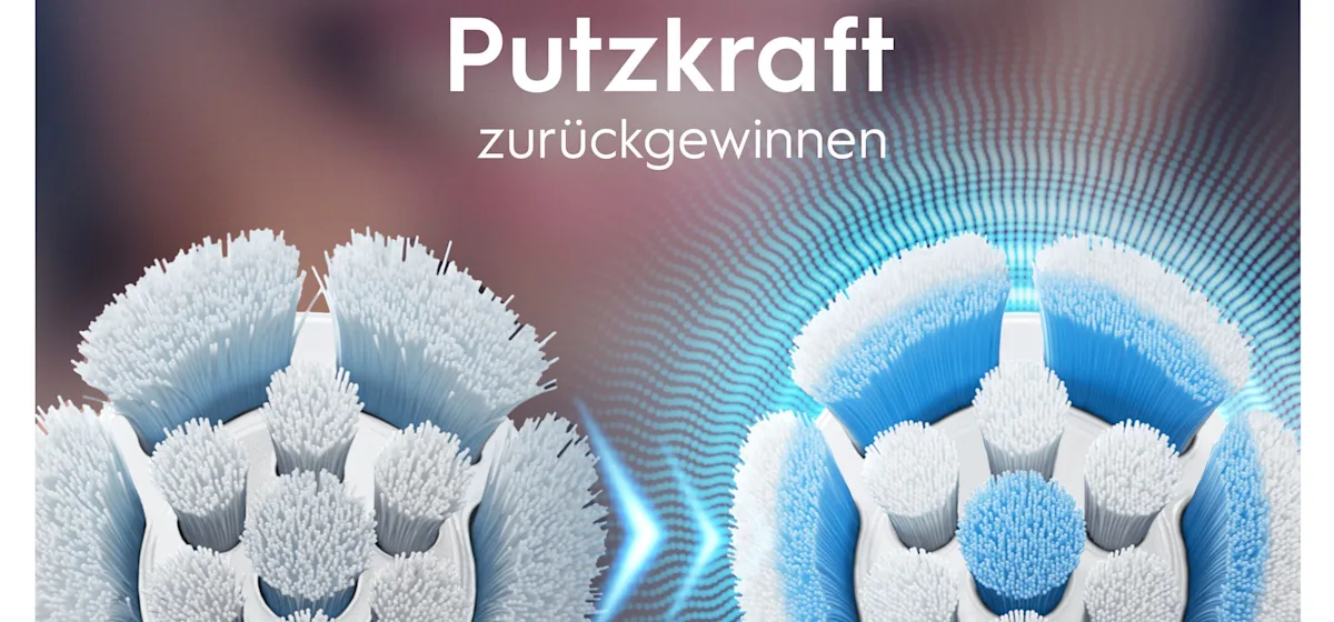Oral-B iO Aufsteckbürsten-Verpackung, hervorgehoben wird die "Sanfte Reinigung" und dass zwei Bürsten enthalten sind.