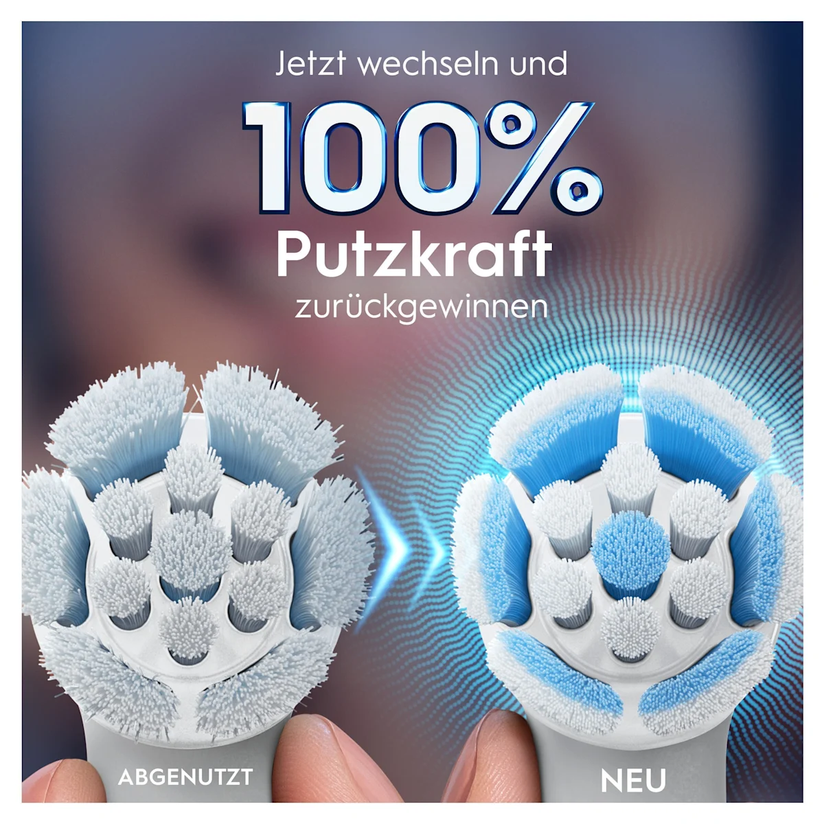 Oral-B iO Aufsteckbürsten-Verpackung, hervorgehoben wird die "Sanfte Reinigung" und dass zwei Bürsten enthalten sind.