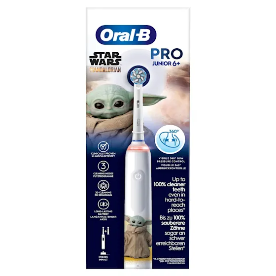 Oral-B Star Wars Mandalorian Pro Junior 6+ Zahnbürste, mit Verpackung und dem Hinweis "Von Zahnärzten weltweit am häufigsten verwendet". 