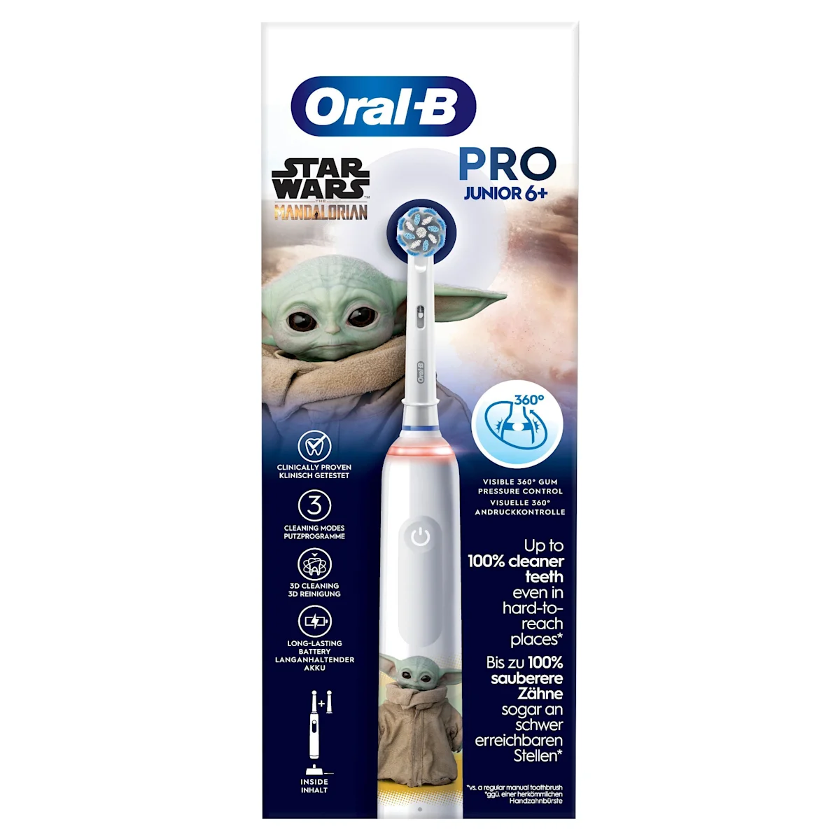 Oral-B Star Wars Mandalorian Pro Junior 6+ Zahnbürste, mit Verpackung und dem Hinweis "Von Zahnärzten weltweit am häufigsten verwendet".