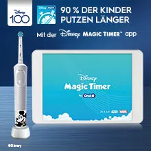 Oral-B Pro Kids 3+ Zahnbürste neben einem Tablet mit Disney Magic Timer App.		 