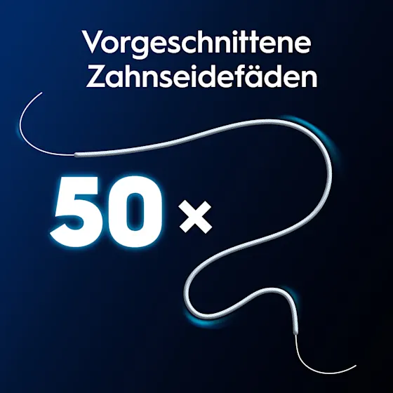 Oral-B Superfloss Threader Verpackung mit dem Hinweis auf 50 vorgeschnittene Zahnseidefäden zur Reinigung von Zahnspangen und unter Brücken.
