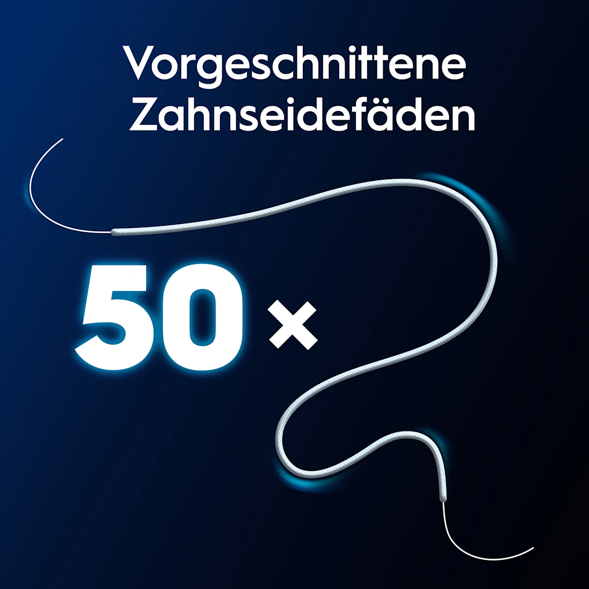 Oral-B Superfloss Threader Verpackung mit dem Hinweis auf 50 vorgeschnittene Zahnseidefäden zur Reinigung von Zahnspangen und unter Brücken.