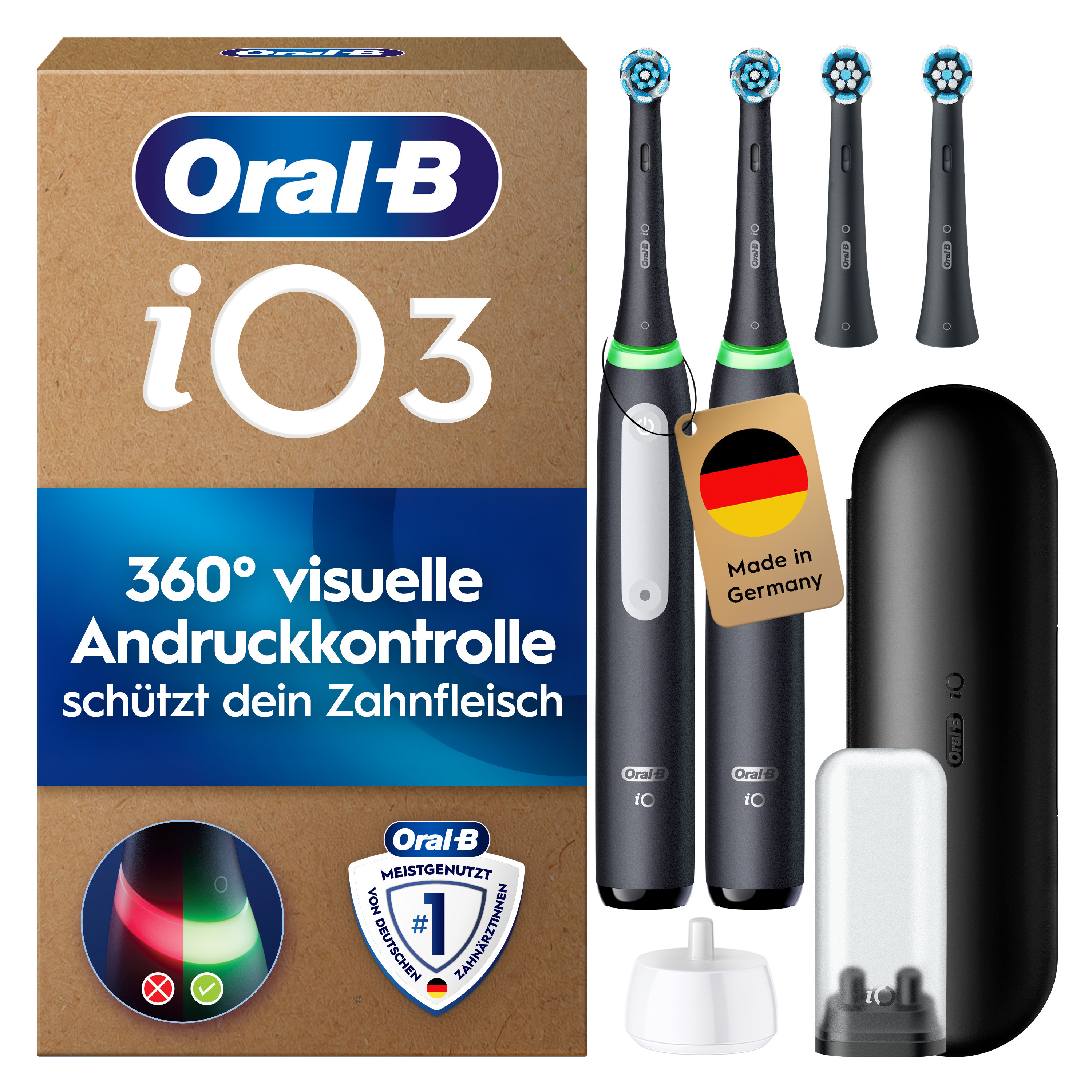 Oral-B iO3 Doppelpack mit 360° visueller Andruckkontrolle zum Zahnfleischschutz.
